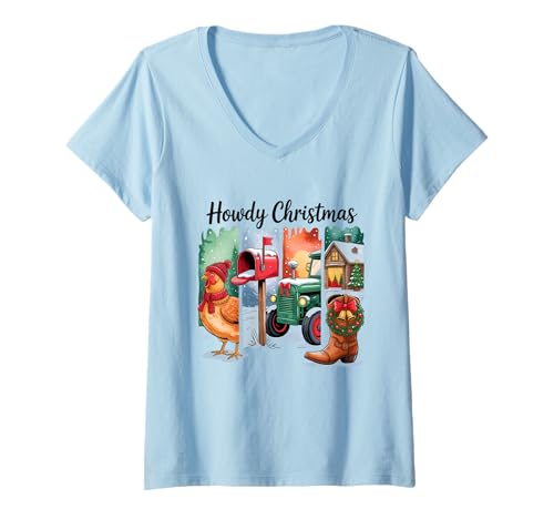 Damen Howdy Christmas Rustic Holiday Country Scene T-Shirt mit V-Ausschnitt von Rustic Farmhouse Holiday Country Western Charm