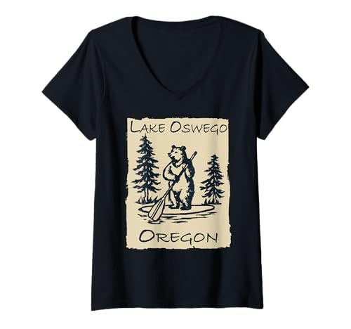 Damen Lake Oswego Oregon Souvenir Bär auf Paddleboard SUP T-Shirt mit V-Ausschnitt Damen Lake Oswego Oregon Souvenir Bär auf Paddleboard SUP T-Shirt mit V-Ausschnitt von Rustic Oregon Outdoors