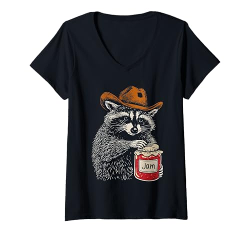 Damen Cowboy-Waschbär hält Marmelade, lustiges Land-Design T-Shirt mit V-Ausschnitt Damen Cowboy-Waschbär hält Marmelade, lustiges Land-Design T-Shirt mit V-Ausschnitt von Rustic Raccoon Country Animal Humor Apparel