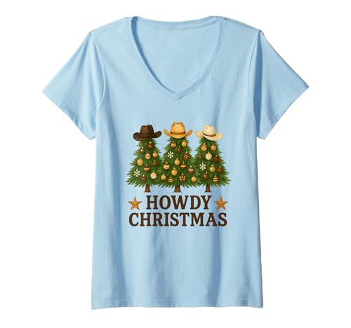 Damen Howdy Christmas Cowboy Festliche Bäume Western Holiday Country T-Shirt mit V-Ausschnitt von Rustic Rodeo Christmas Apparel