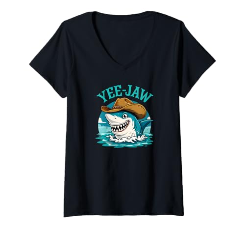 Damen Country Shark Yee Jaw Cowboyhut Humor Western Ocean Vibes T-Shirt mit V-Ausschnitt Damen Country Shark Yee Jaw Cowboyhut Humor Western Ocean Vibes T-Shirt mit V-Ausschnitt von Rustic Rodeo Shark Co.