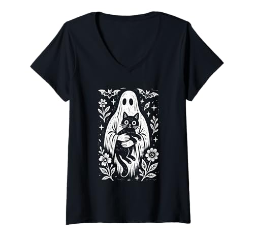 Damen Gruseliger süßer Volkskunst-Geist mit schwarzer Katze Halloween T-Shirt mit V-Ausschnitt Damen Gruseliger süßer Volkskunst-Geist mit schwarzer Katze Halloween T-Shirt mit V-Ausschnitt von Rustic Spooky Folk Art Retro Halloween Aesthetic