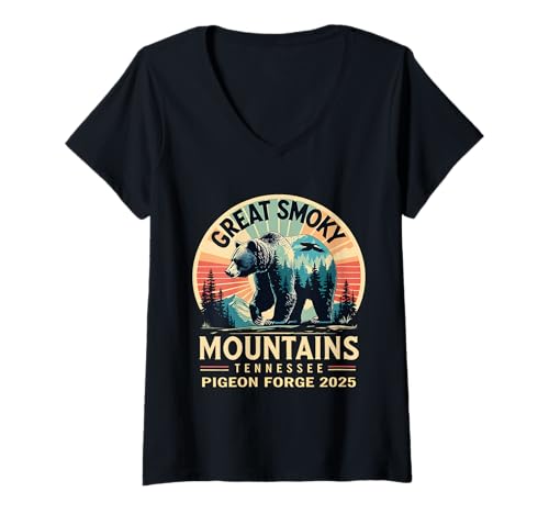 Damen Great Smoky Mountains Pigeon Forge 2025 Bärenabenteuer T-Shirt mit V-Ausschnitt von Rustic Tennessee Travel Family Trip Gear