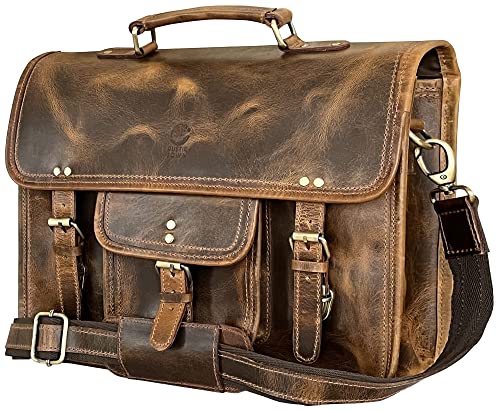 Rustic Town 'Hunter' Aktentasche Leder Herren Vintage groß Klassische Arbeitstasche Bürotasche Umhängetasche Dokumententasche mit Laptopfach 13,3 Zoll (braun) von Rustic Town
