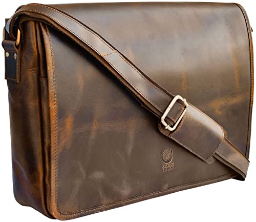 Rustic Town Umhängetasche Aktentasche Laptoptasche 15 Zoll aus echtem Leder im Vintage Look - Braun von Rustic Town