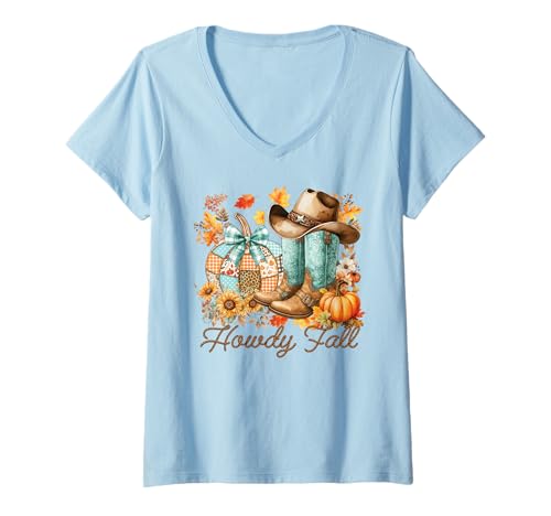 Damen Howdy Herbst Cowboystiefel Kürbis Western Herbst Blätter Damen T-Shirt mit V-Ausschnitt Damen Howdy Herbst Cowboystiefel Kürbis Western Herbst Blätter Damen T-Shirt mit V-Ausschnitt von Rustic Western Fall Pumpkin Cowgirl Apparel Co.