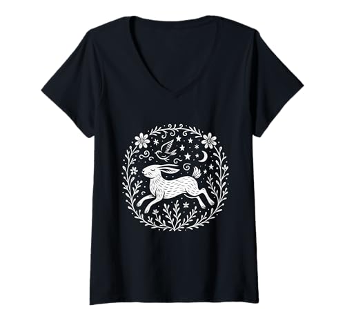 Damen Skurrile Hase Forestcore Volkskunst, Naturliebhaber-Stil T-Shirt mit V-Ausschnitt Damen Skurrile Hase Forestcore Volkskunst, Naturliebhaber-Stil T-Shirt mit V-Ausschnitt von Rustic Woodland Animal Art Rustic Boho Folk Design