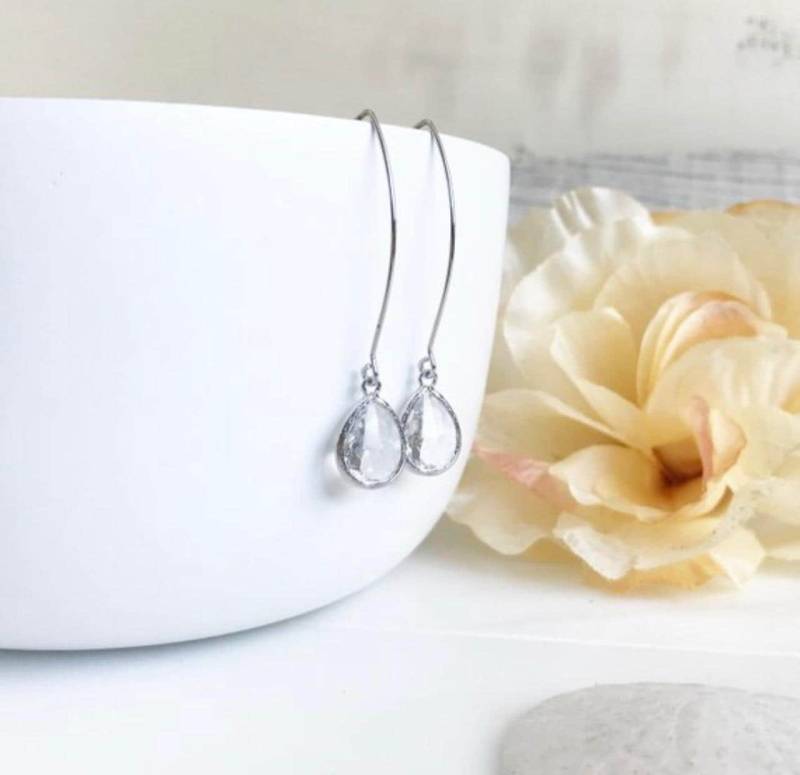 Silber Tropfen Ohrringe Klarer Glasstein, Brautjungfer Schmuck von RusticGem