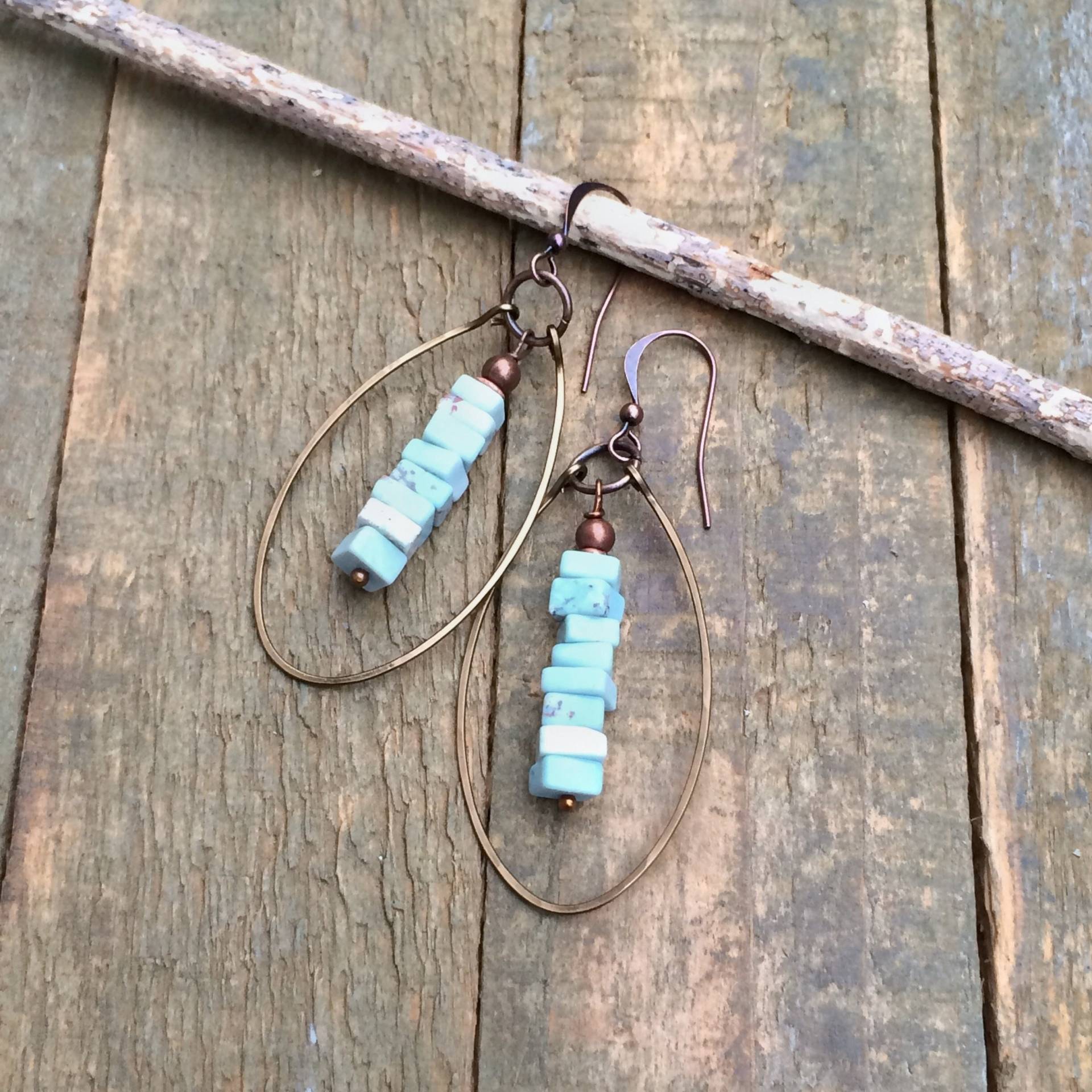 Türkis Creolen, Echte Nevada Dry Creek Ohrringe, Kupfer Schmuck, Gehämmert Ohrringe von RusticaJewelry