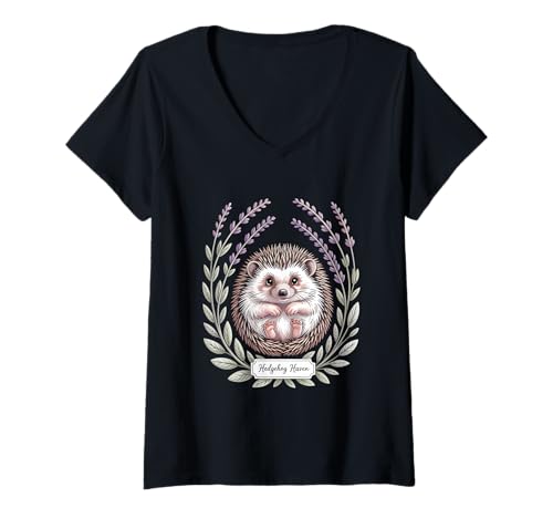 Damen Cottagecore Igel Lavendel Kranz Hedgehog Haven T-Shirt mit V-Ausschnitt von Rustikaler Cottagecore Igel Lavendel Natur Wald