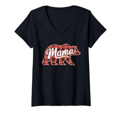 Damen Mama Bear Buffalo Karo Rot Kariert Familie Weihnachten T-Shirt mit V-Ausschnitt Damen Mama Bear Buffalo Karo Rot Kariert Familie Weihnachten T-Shirt mit V-Ausschnitt von Rustikales Buffalo Karo Mama Bear Family Liebe