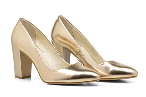 Butdam Pumps mit Blockabsatz 8 cm Leder Damen Sofia 010 Gold Light (Gold, EU Schuhgrößensystem, Erwachsene, Damen, Numerisch, M, 39) von Rusttler