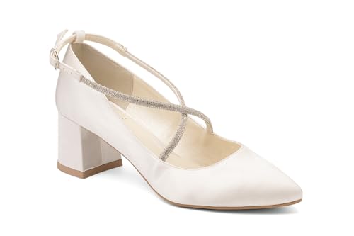 Rusttler Butdam Brautschuhe Damen Hochzeit mit Rhinestone Blockabsatz JAGODA Satin Ivory/Creme 35-41 von Rusttler