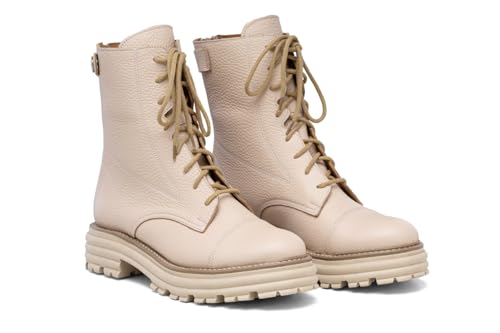 Rusttler Butdam Stiefeletten damen schnürstiefel reißverschluss mit dicker Sohle leder WOR1 beige von Rusttler