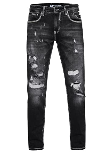 Destroyed Herren Jeans Hose 'MINO' Slim Fit Stretched Jeans mit Detailreicher Ziernaht Streetwear Freizeit Hose Kontrast-Naht Destroyed-Pants 242, Farbe:Black Used, Größe Jeans L32:32W / 32L von Rusty Neal
