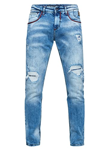 Destroyed Herren Jeans Hose 'MINO' Slim Fit Stretched Jeans mit Detailreicher Ziernaht Streetwear Freizeit Hose Kontrast-Naht Destroyed-Pants 242, Farbe:Light Blue Used, Größe Jeans L32:30W / 32L von Rusty Neal