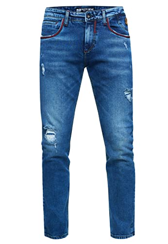 Destroyed Herren Jeans Hose 'MINO' Slim Fit Stretched Jeans mit Detailreicher Ziernaht Streetwear Freizeit Hose Kontrast-Naht Destroyed-Pants 242, Farbe:Royal Blue, Größe Jeans L32:36W / 32L von Rusty Neal