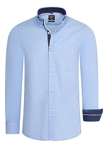 Freizeit Herren Hemd mit Ausgefallenem Knopf-Design und Eleganten Kontrast Elementen Body Fit Langarm Kent Kragen Stretch-Hemd 025, Farbe:Hell Blau, Größe S-3XL:3XL von Rusty Neal