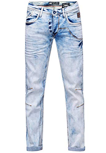 Hell Blau Herren Jeans Hose 'Ruben' im Summer-Used-Look und Ausgefallenem Design 'Ice Blue' Stretch Regular -31, Farbe:Hell Blau, Größe Jeans:30W / 32L von Rusty Neal