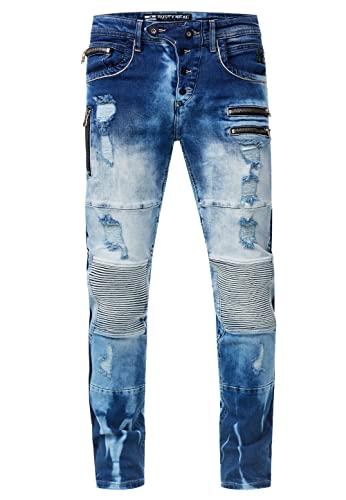 Herren Biker-Jeans 'MISATO' DIE-ABSOLUTE-JEANS Slim Fit Stretch Destroyed Biker Zip-Design mit Stylischer Knopfleiste und Kontrast-Naht 241, Farbe:Ozean Blue Used, Größe Jeans L32:36W / 32L von Rusty Neal