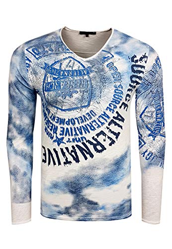 Herren Longshirt Lang-Arm Shirt Tiefer-Ausschnitt Verwaschen & All-Over-Print 135, Größe S-6XL:M, Farbe:Weiß von Rusty Neal