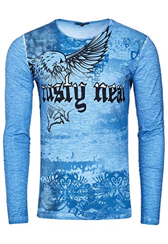 Herren Longshirt Langarmshirt Rundhals Eagle Print Longsleeve O-Neck Shirt Verwaschen Druck 143, Farbe:Blau, Größe S-XXL:XXL von Rusty Neal