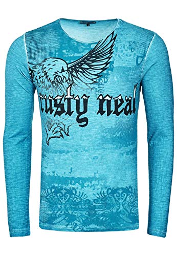 Herren Longshirt Langarmshirt Rundhals Eagle Print Longsleeve O-Neck Shirt Verwaschen Druck 143, Farbe:Grün, Größe S-XXL:XL von Rusty Neal