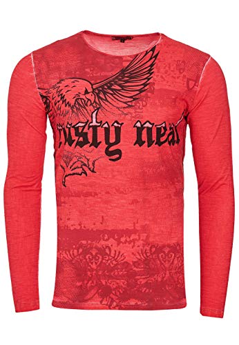 Herren Longshirt Langarmshirt Rundhals Eagle Print Longsleeve O-Neck Shirt Verwaschen Druck 143, Farbe:Rot, Größe S-XXL:L von Rusty Neal