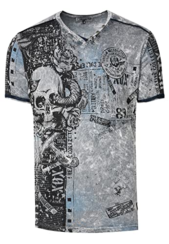 Herren T-Shirt All Over Skull X Snake X Rose Print Wildleder-Band Knopf-Verzierung V-Neck Stretch Streetwear Used-Look Shirt 293, Farbe:Dunkel Grau, Größe S-3XL:3XL von Rusty Neal