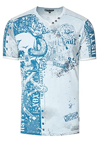 Herren T-Shirt All Over Skull X Snake X Rose Print Wildleder-Band Knopf-Verzierung V-Neck Stretch Streetwear Used-Look Shirt 293, Farbe:Hell Blau, Größe S-3XL:XXL von Rusty Neal