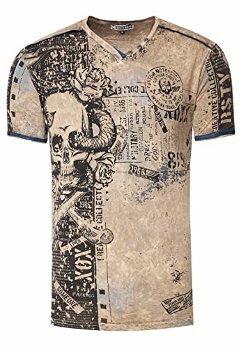 Rusty Neal Herren T-Shirt All Over Skull X Snake X Rose Print Wildleder-Band Knopf-Verzierung V-Neck Stretch Streetwear Used-Look Shirt 293, Farbe:Olive, Größe S-3XL:S von Rusty Neal