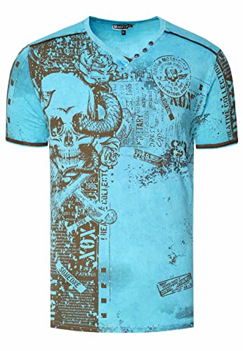 Rusty Neal Herren T-Shirt All Over Skull X Snake X Rose Print Wildleder-Band Knopf-Verzierung V-Neck Stretch Streetwear Used-Look Shirt 293, Farbe:Türkis, Größe S-3XL:XXL von Rusty Neal