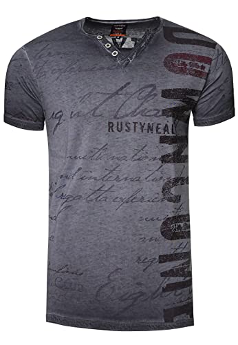 Herren T-Shirt Bedruckt mit Seitlichem Logo-Print V-Neck mit Knopfleiste M L XL XXL 271, Farbe:Anthrazit, Größe S-XXL:L von Rusty Neal