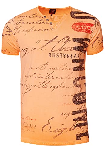 Herren T-Shirt Bedruckt mit Seitlichem Logo-Print V-Neck mit Knopfleiste M L XL XXL 271, Farbe:Orange, Größe S-XXL:L von Rusty Neal