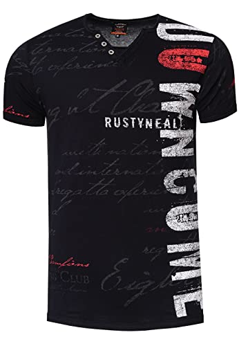 Herren T-Shirt Bedruckt mit Seitlichem Logo-Print V-Neck mit Knopfleiste M L XL XXL 271, Farbe:Schwarz, Größe S-XXL:L von Rusty Neal