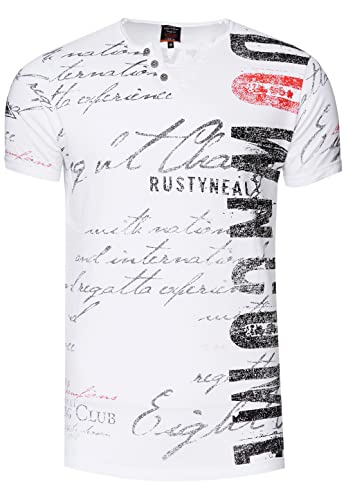 Herren T-Shirt Bedruckt mit Seitlichem Logo-Print V-Neck mit Knopfleiste M L XL XXL 271, Farbe:Weiß, Größe S-XXL:L von Rusty Neal