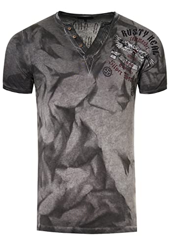 Herren T-Shirt Front & Back Print All Over Logo-Print Verwaschen V-Neck mit Knopfleiste 287, Farbe:Anthrazit, Größe S-3XL:L von Rusty Neal