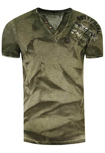 Herren T-Shirt Front & Back Print All Over Logo-Print Verwaschen V-Neck mit Knopfleiste 287, Farbe:Khaki, Größe S-3XL:M von Rusty Neal