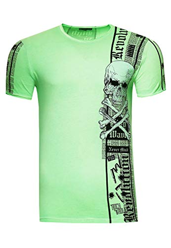 Herren T-Shirt Front & Back Print All Over Skull Rundhals Verwaschen S M L XL XXL 3XL 267, Farbe:Neon Grün, Größe S-3XL:S von Rusty Neal