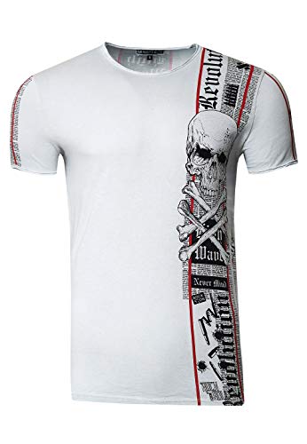 Herren T-Shirt Front & Back Print All Over Skull Rundhals Verwaschen S M L XL XXL 3XL 267, Farbe:Weiß, Größe S-3XL:L von Rusty Neal
