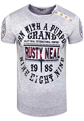 Herren T-Shirt Knopfleiste Front-Print Rundhals Kurzarm Stretch Freizeit Streetwear Shirt 216, Farbe:Grau, Größe S-3XL:M von Rusty Neal