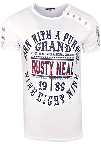 Herren T-Shirt Knopfleiste Front-Print Rundhals Kurzarm Stretch Freizeit Streetwear Shirt 216, Farbe:Weiß, Größe S-3XL:XL von Rusty Neal