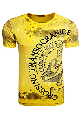 Herren T-Shirt Printed All Over Plakativer Front Print Streatwear Shirts Kurzarm T-Shirt-Herren 045, Farbe:Gelb, Größe S-3XL:L von Rusty Neal