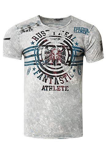 Herren T-Shirt Rundhals Verwaschen Used Optik Plakativer Front Print Knopfleiste 238, Farbe:Grau, Größe S-3XL:S von Rusty Neal