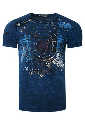 Herren T-Shirt Rundhals Verwaschen Used Optik Plakativer Front Print Knopfleiste 238, Farbe:Marine, Größe S-3XL:L von Rusty Neal