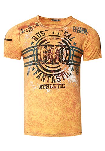 Herren T-Shirt Rundhals Verwaschen Used Optik Plakativer Front Print Knopfleiste 238, Farbe:Orange, Größe S-3XL:XL von Rusty Neal