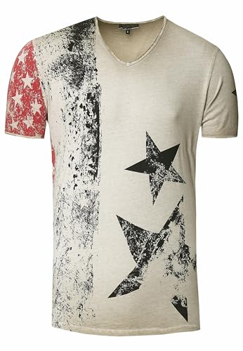 Herren T-Shirt USA Stars and Stripes V-Neck Regular Fit Rundhals Verwaschen S M L XL XXL 3XL 236, Farbe:Beige, Größe:M von Rusty Neal