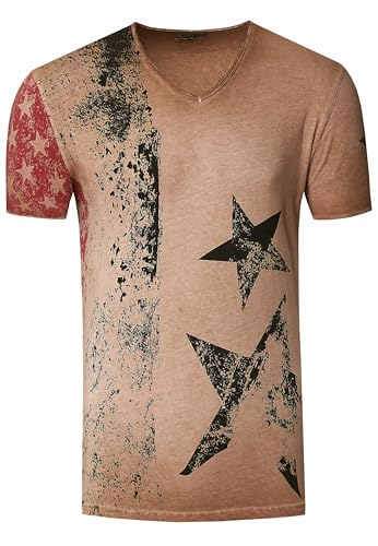 Herren T-Shirt USA Stars and Stripes V-Neck Regular Fit Rundhals Verwaschen S M L XL XXL 3XL 236, Farbe:Camel, Größe:3XL von Rusty Neal