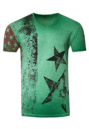 Herren T-Shirt USA Stars and Stripes V-Neck Regular Fit Rundhals Verwaschen S M L XL XXL 3XL 236, Farbe:Grün, Größe S-3XL:L von Rusty Neal