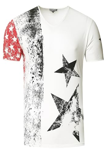 Herren T-Shirt USA Stars and Stripes V-Neck Regular Fit Rundhals Verwaschen S M L XL XXL 3XL 236, Farbe:Weiß, Größe:L von Rusty Neal